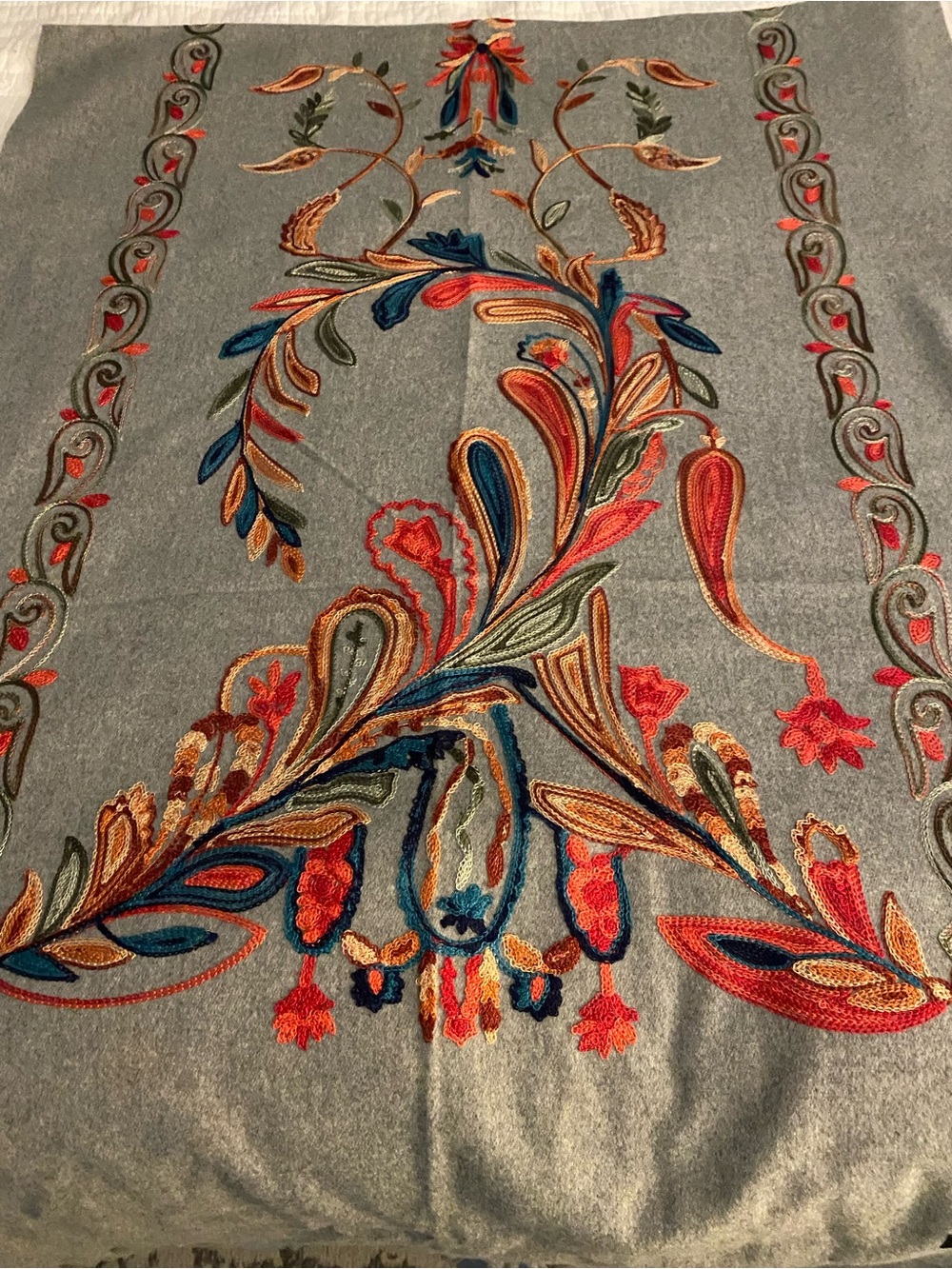 360 Cashmere Gray Embroidered Paisley Wrap with Multicolor Floral Accents
